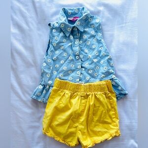 Penelope Mack Set Blue Chambray Sleeveless 🌼Button-Up Top + Yellow Ruffle Shorts
